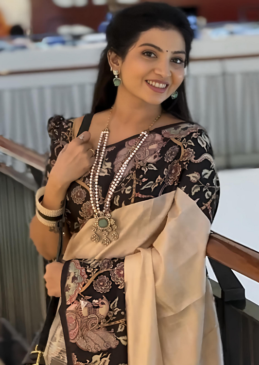 Handloom Tussar Silk Gajraj Chitrakala Digital Print Saree