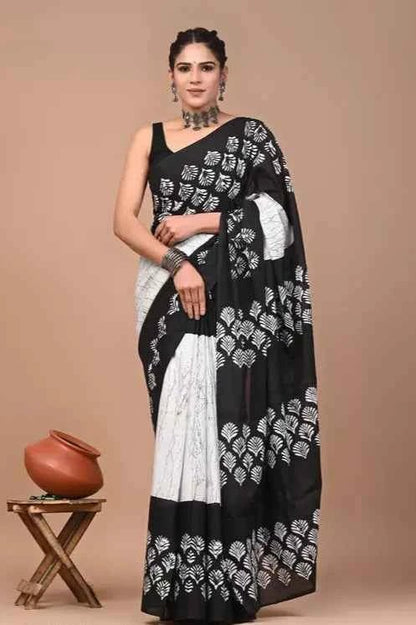 InkBloom Monochrome Mulmul Magic Saree