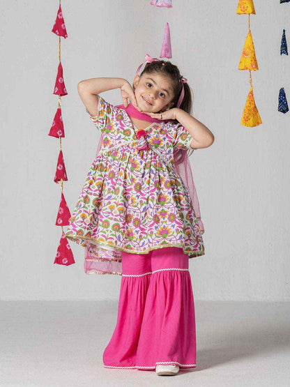 Phoolwari Pink Floral Kurta Sharara Set