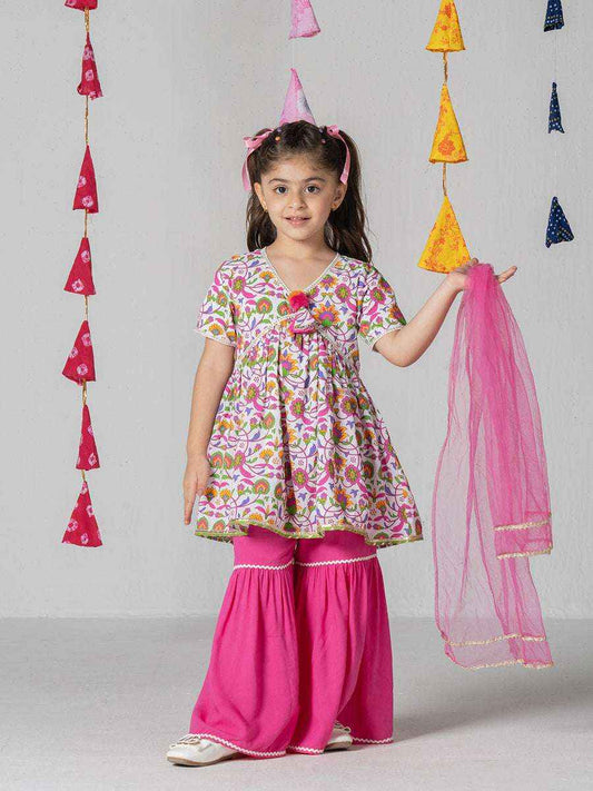 Phoolwari Pink Floral Kurta Sharara Set